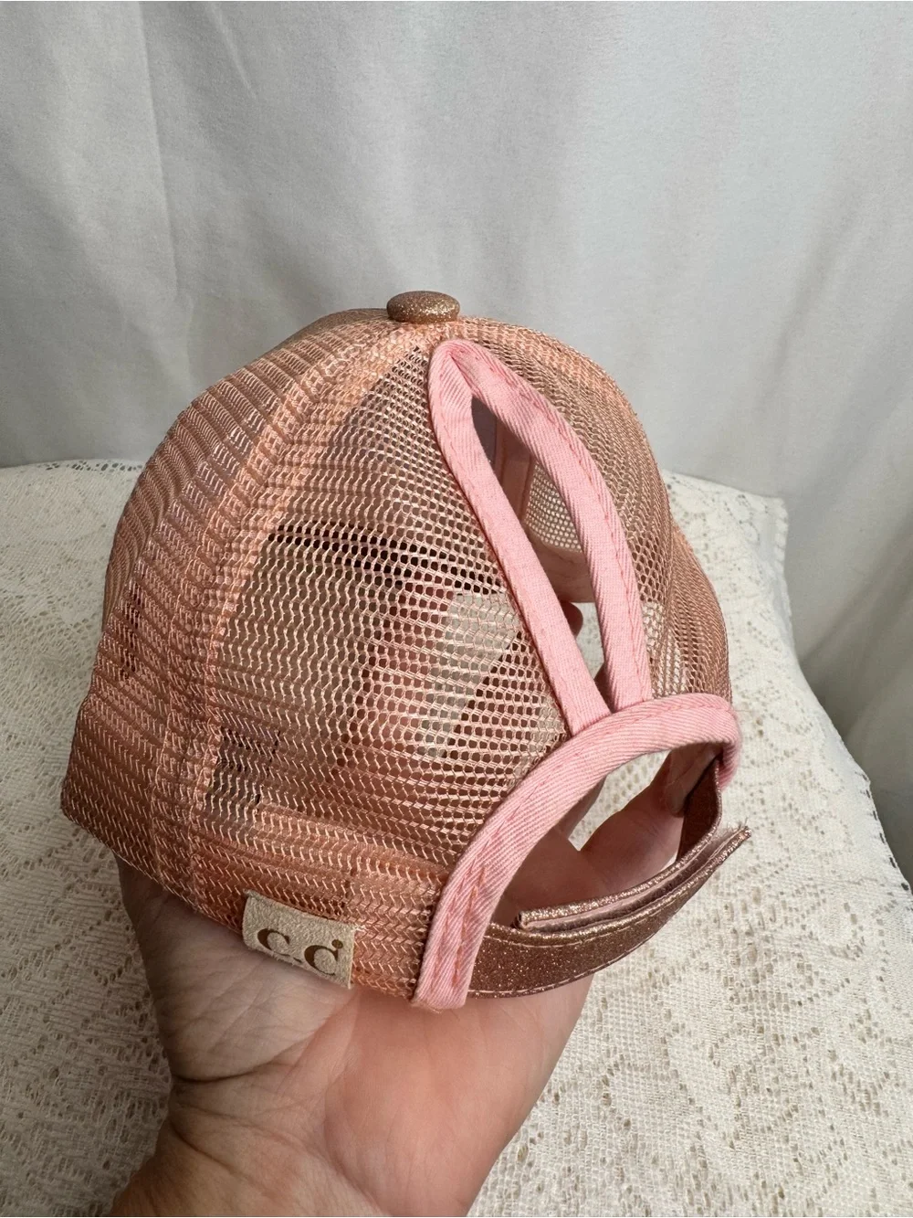 C.C Kids Rose Gold Glitter Ponytail Trucker Hat Adjustable Baseball Cap